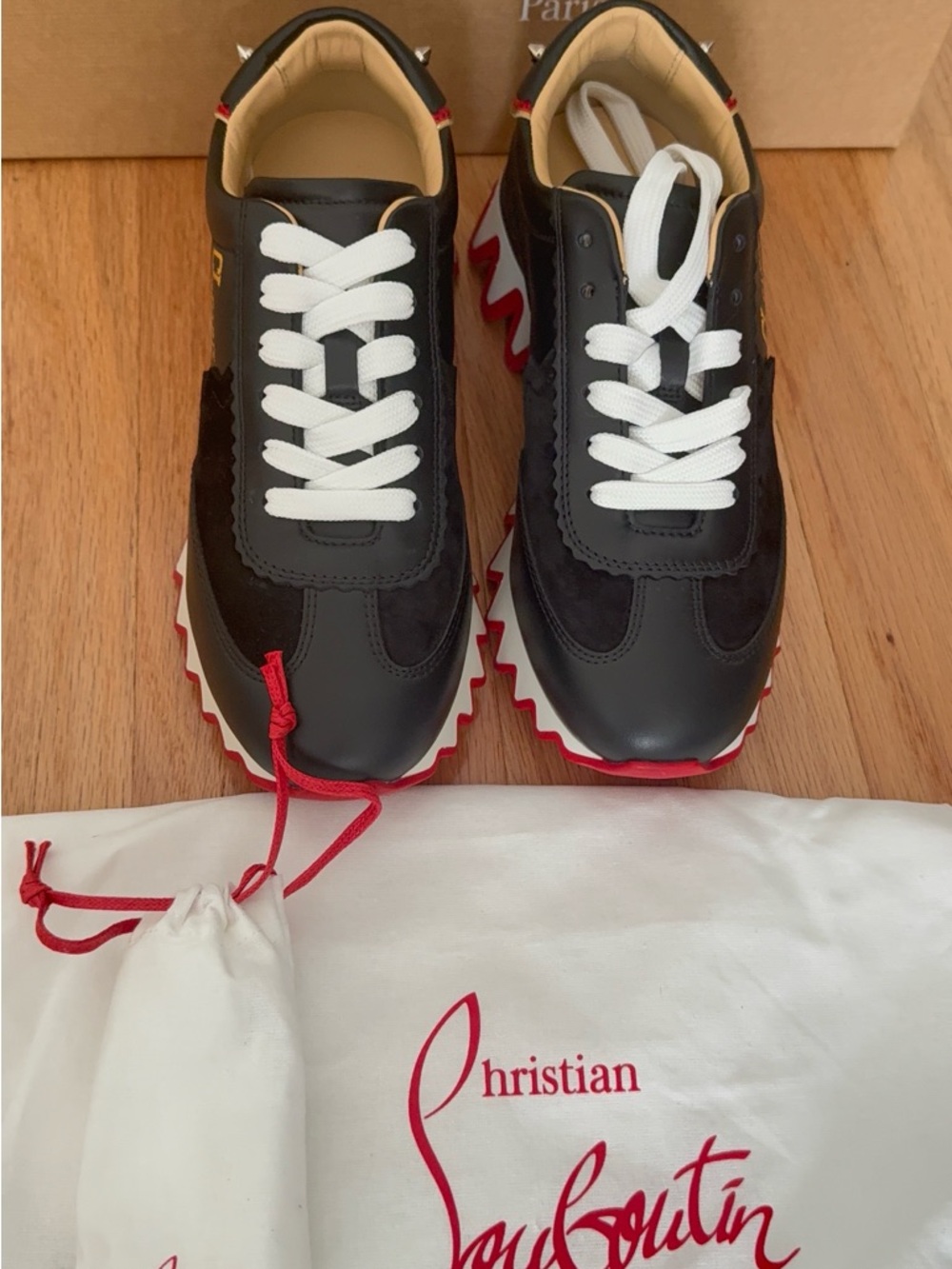 Christian Louboutin Black Leather & Suede Low-Top Sneakers with Red Sole